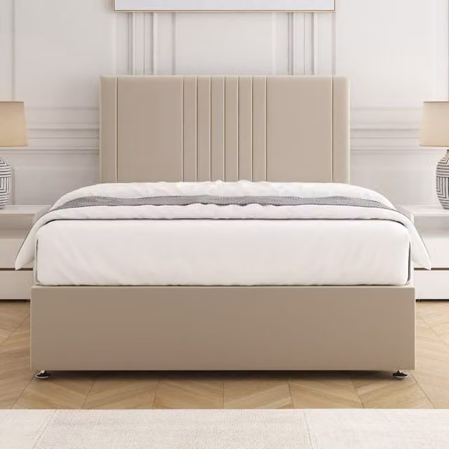 BSSPOKE Monaco Super King Velvet Plush Divan Bed Set with 24 inch Headboard and Mattress in Cream