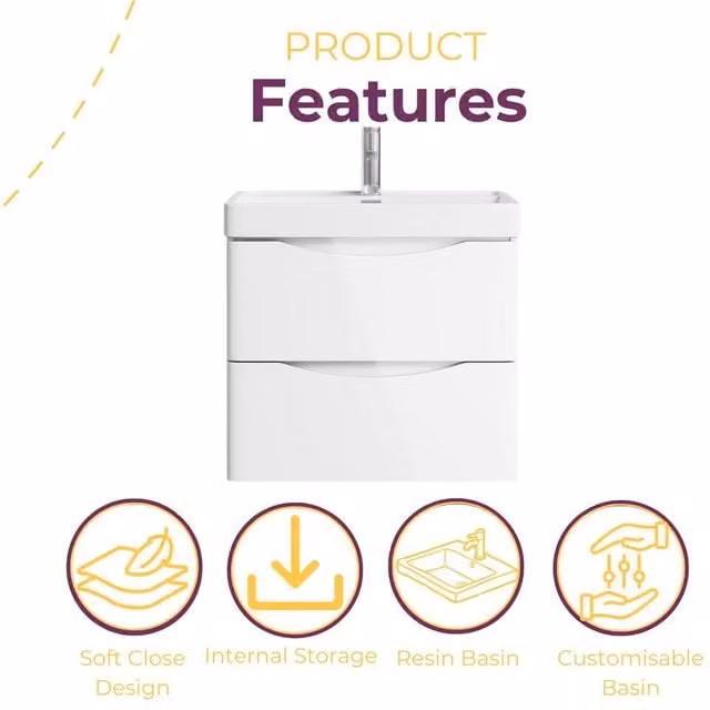 PAWNORA White Gloss Wall Mounted Bathroom Vanity Unit with Internal Drawers, Width: 60 cm