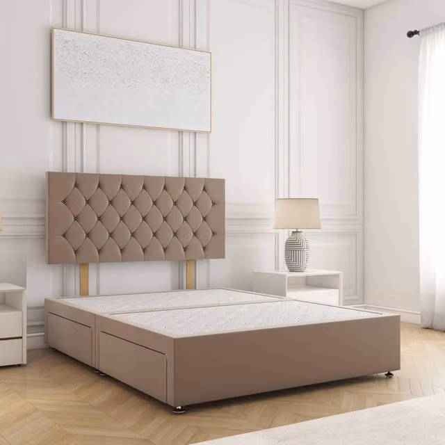 BSSPOKE Mia King Size Divan Bed with 24 inch Plush Headboard and 2 Drawers in Taupe Beige