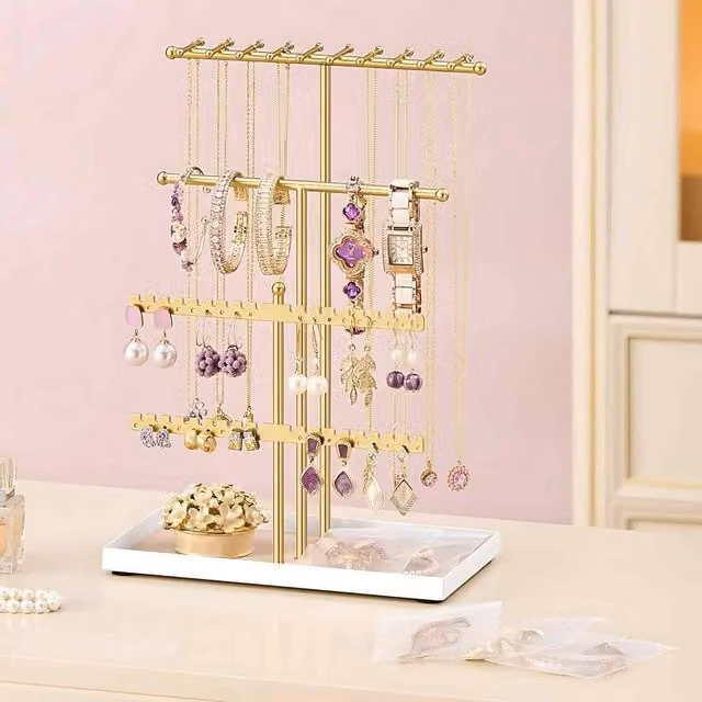 The Bazaarist Metal Jewellery Organiser Stand with Velvet Tray, Gold
