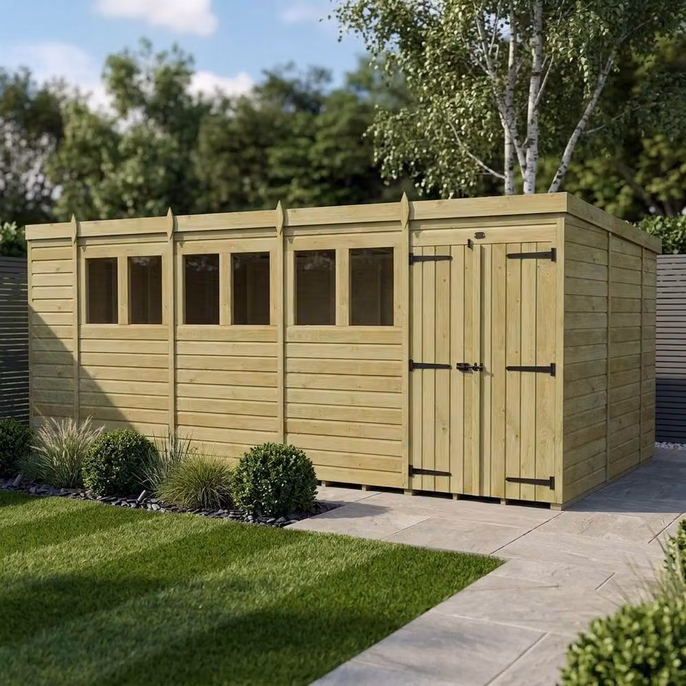 Buttercup Farm Brown Timber Pent Garden Shed with Double Doors and Windows, W/D/H: 305 x 305 x 210 cm – 2