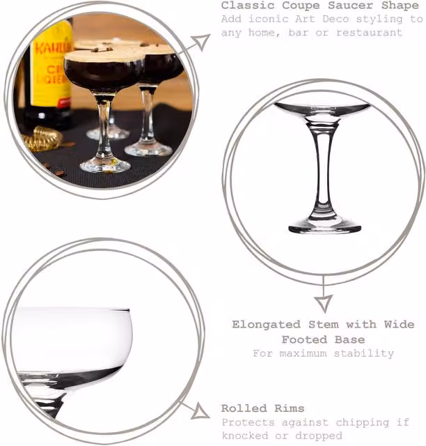 LAV Misket Espresso Martini Cocktail Glass Set, 235ml, Pack of 6, Transparent