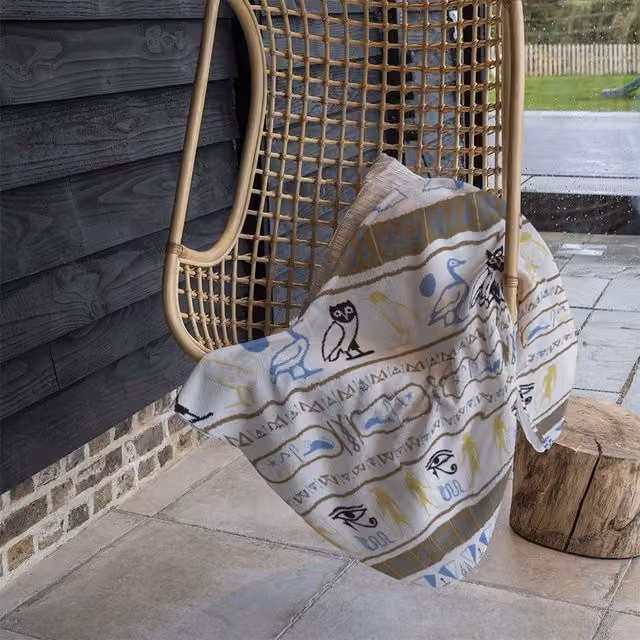 Benjamin Tate Design Hieroglyphs Fleece Blanket in Brown, Beige and Multicolour, W/D/H: 120 x 150 cm