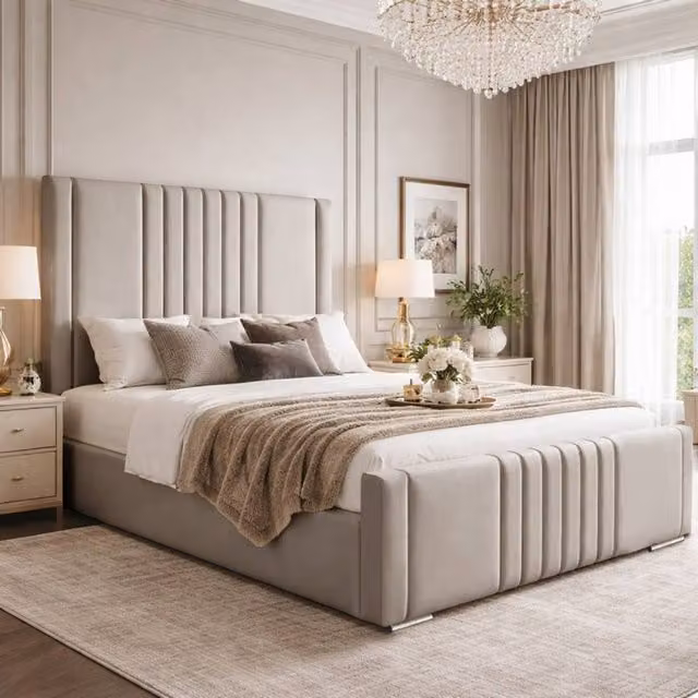 Desire Deco Haisley Upholstered Plush Velvet Panel Bed Frame in Light Beige, Size: 180 x 200 cm – 1