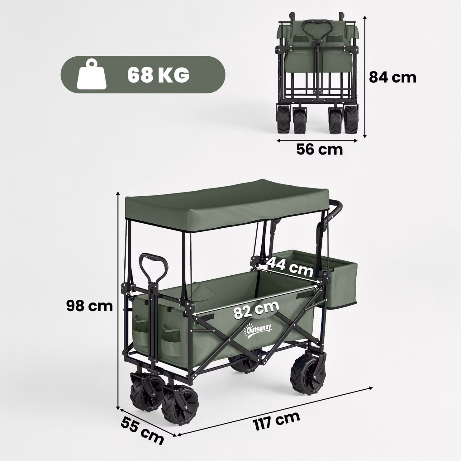 Outsunny Folding Trolley Storage Wagon with Overhead Canopy and 4 Wheels in Green – 3