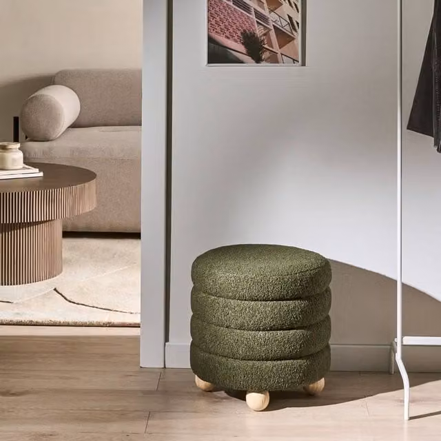 Wyld and Coco Green Boucle Pouffe with Pine Legs – 1