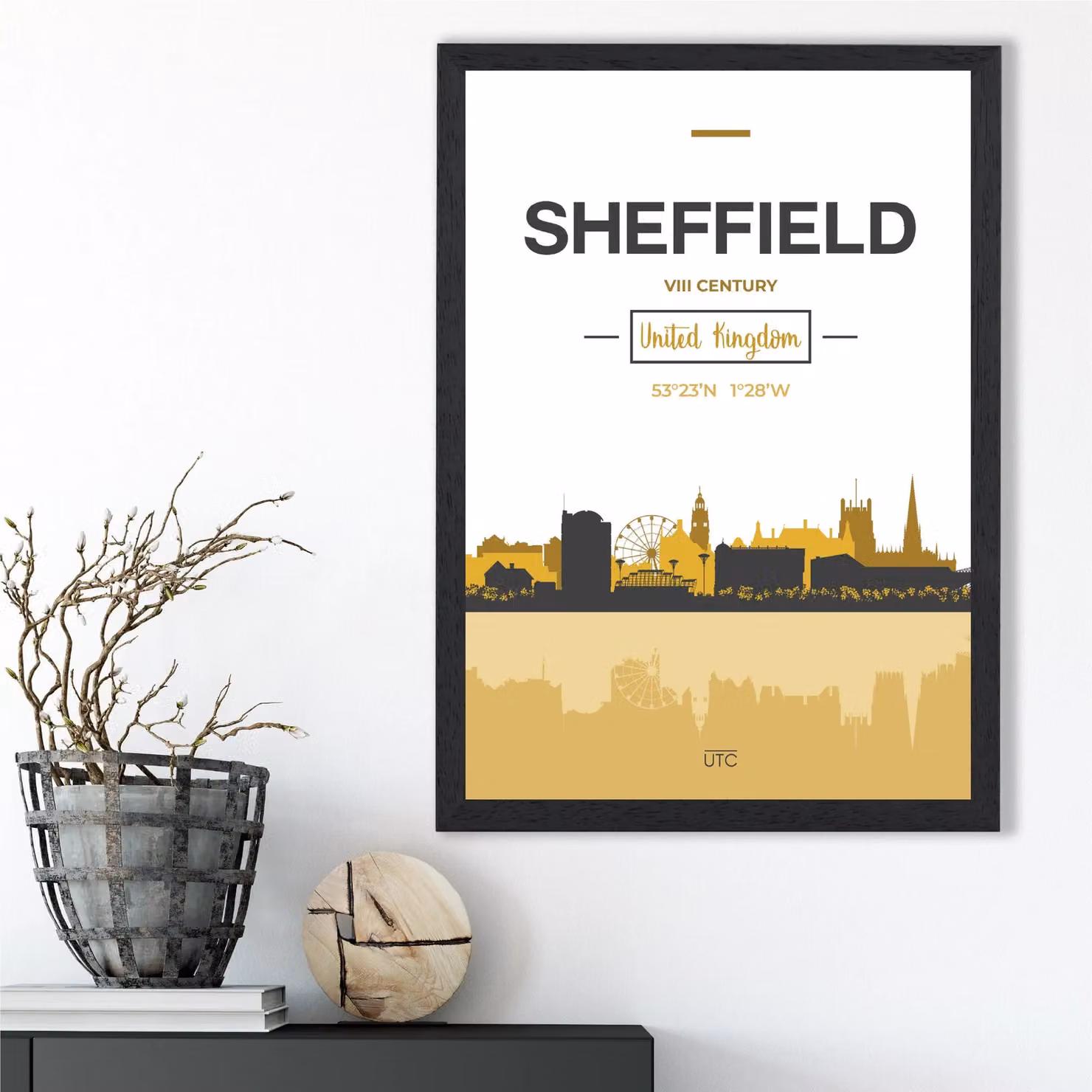 ARTZE Sheffield City Skyline Framed Print in Yellow and Black, A2 – 2