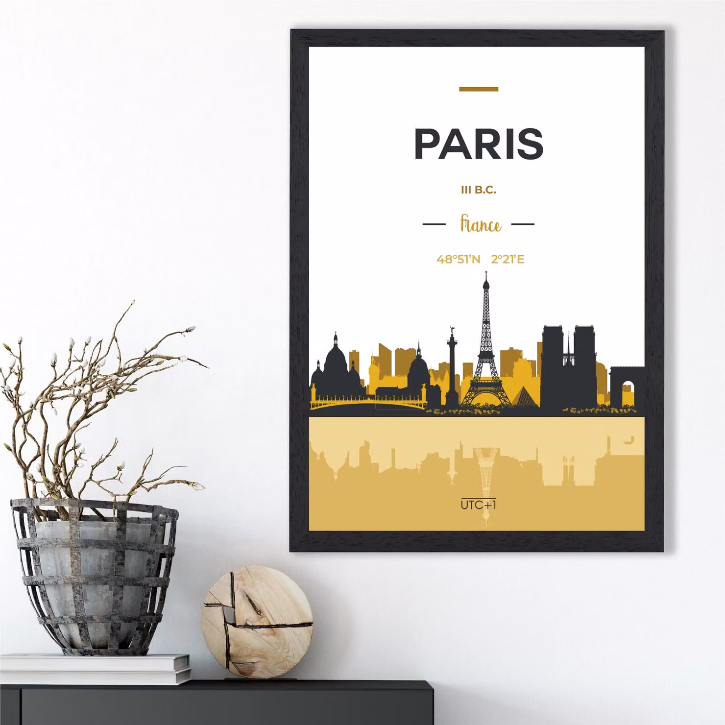 ARTZE Paris Yellow and Black City Skyline Framed Print, A2 – 2