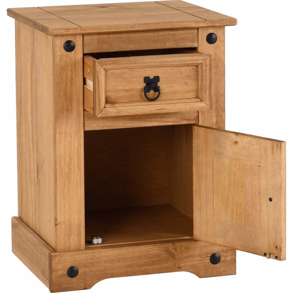 FORGEVIO Rustic Mexican Waxed Pine Bedside Table with 1 Door and 1 Drawer in Beige – 3