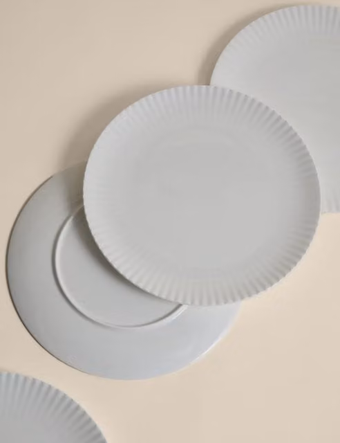 M&S Set of 4 Hampton Fluted White Ceramic and Bone China Dinner Plates
