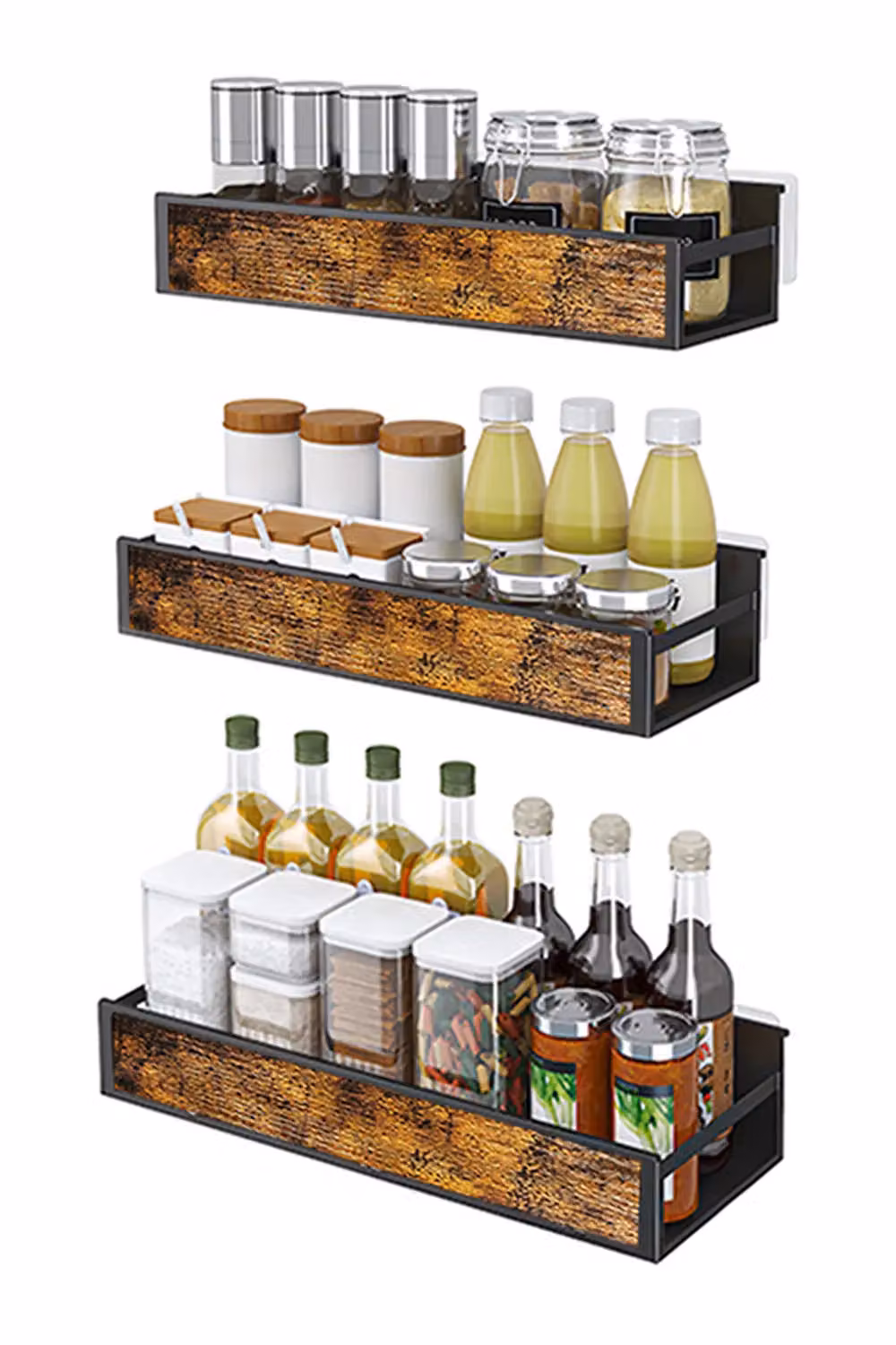 Livingandhome 3 Piece Brown Industrial Wall-Mounted Metal and Wood Spice Rack and Refrigerator Storage Set – 4