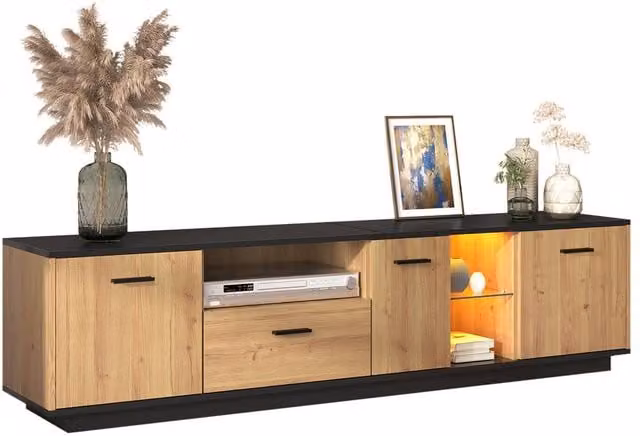 Matteo Retro TV Unit with LED Lights in Black and Wood Effect Finish – 1