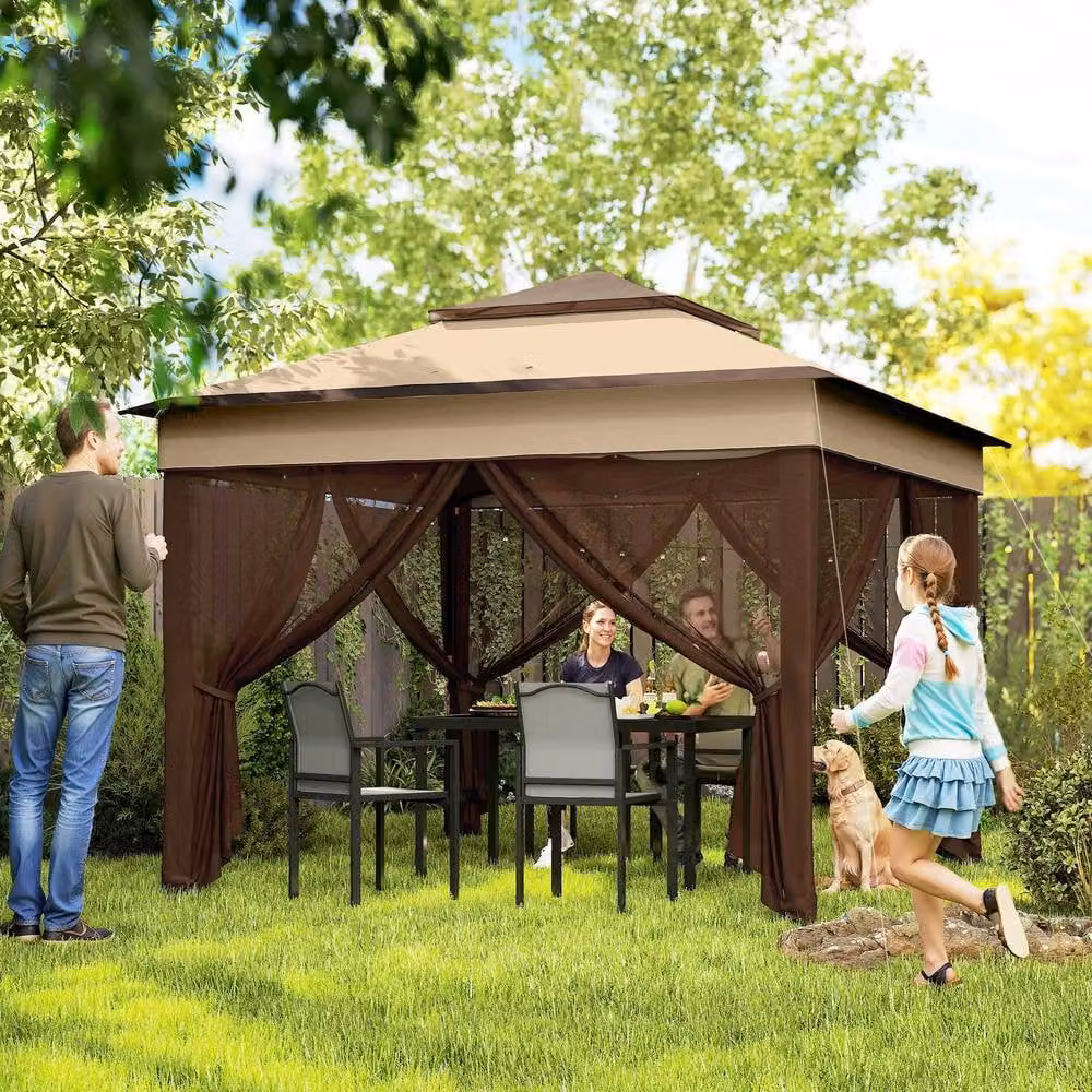 Outsunny Pop Up Gazebo with Netting and Carry Bag, Beige and Brown, W: 300 cm, D: 300 cm, H: 252 cm – 3