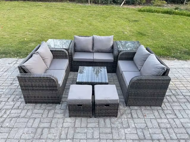 Fimous 8 Seater Grey Wicker Rattan Outdoor Garden Furniture Set with Square Coffee Table, Love Seat, 2 Small Footstools and Side Tables