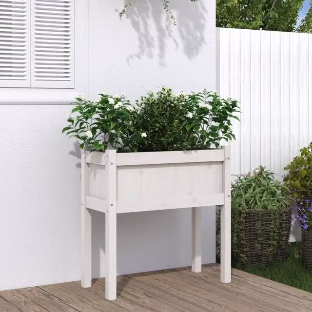 Berkfield Home Garden Planter with Legs in White Solid Pine Wood, W/D/H: 70 x 31 x 70 cm