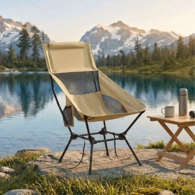SONGMICS Brown High Back Foldable Camping Chair with Adjustable Headrest and Textilene Fabric
