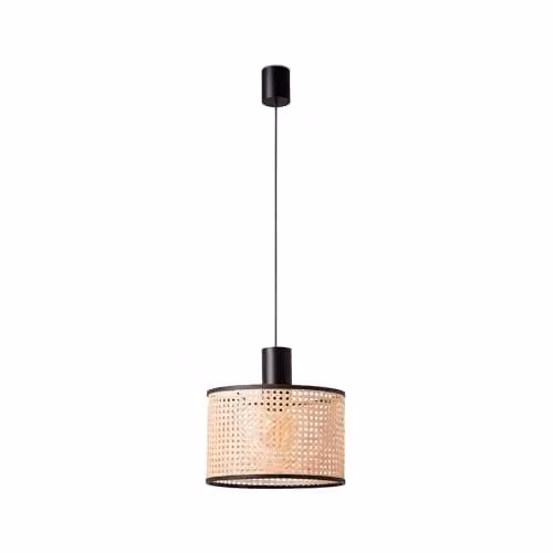 FARO BARCELONA Mambo Cylindrical Suspended Pendant Light in Black and Rattan or Beige – 1