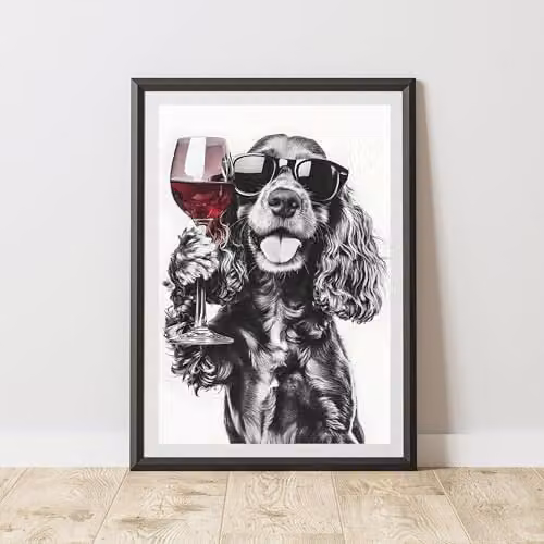 60 Second Makeover Funny Cocker Spaniel Drinking Wine Paper Poster, Black and White, A4