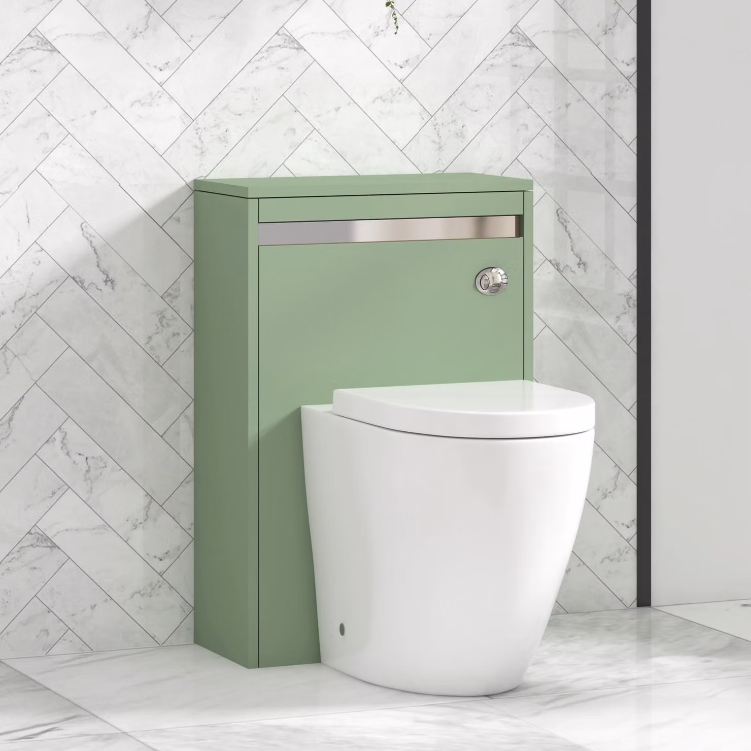 Royal Bathrooms Orion 540mm Mint Sage Wall Mounted WC Unit with Elva Rimless Short Projection Ceramic Toilet Pan, Seat and Cistern with Chrome Accent Trim