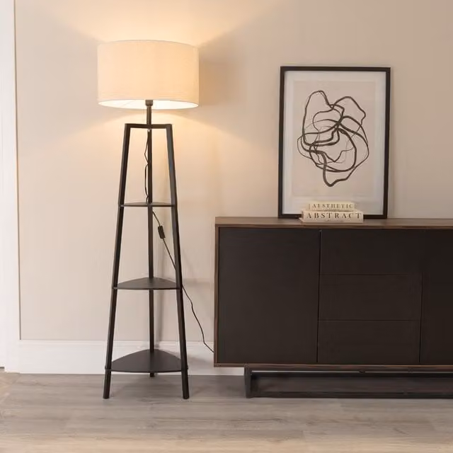 ValueLights Hiru 3 Tier Wooden Floor Lamp with White Fabric Drum Shade