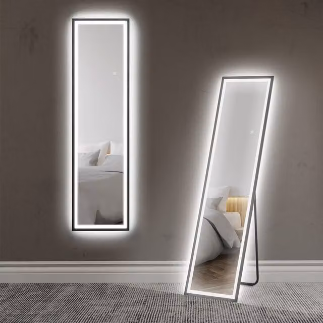 HOMCOM Full Length Free Standing Mirror with Dimmable LED Lights, Black, H 150 x W 40 cm – 1