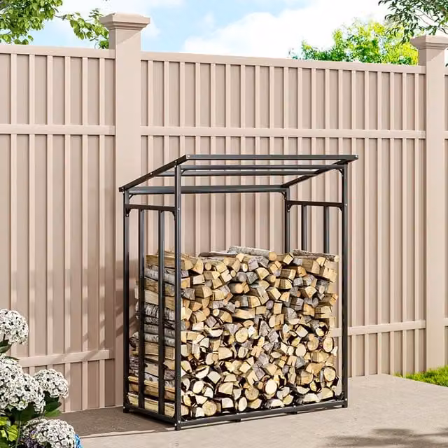 Livingandhome Metal Garden Firewood Rack Storage Shed, Black, W/D/H: 135 x 70 x 165 cm