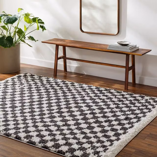 Livabliss Birmingham Checkerboard Soft Plush Pile Shaggy Living Rug in Black, Grey and Brown, W: 200 cm, D: 275 cm