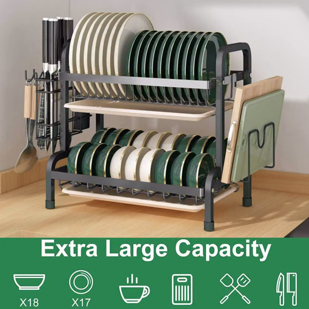 Dprodo 2 Tier Black Coated Steel Dish Drainer Rack, W: 60 cm, D: 42 cm, H: 23 cm – 2
