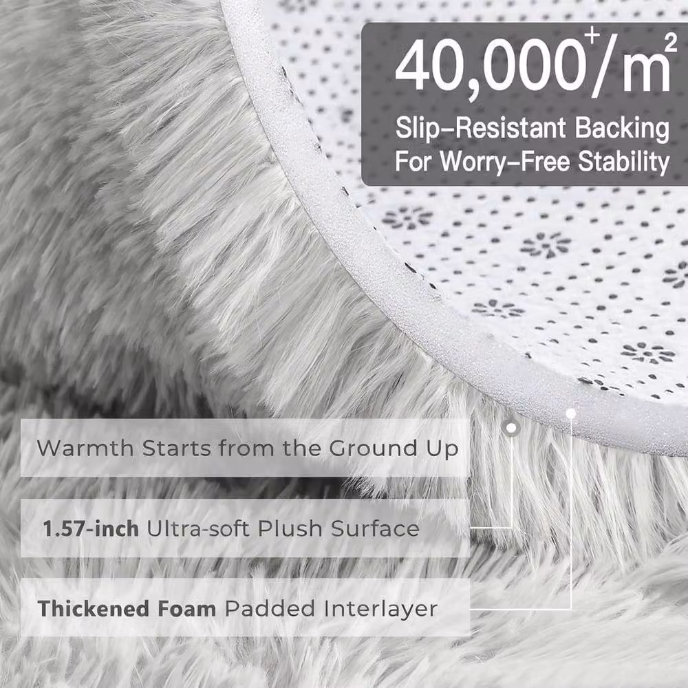 FORGEVIO Round Fluffy Shaggy Rug in Light Grey, Diameter: 100 cm – 2