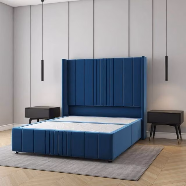 Regional Furnishings Blue Velvet Upholstered Super King Divan Bed with 54 inch Headboard and 12 inch Footboard, W/D/H: 200 x 152.5 x 122 cm