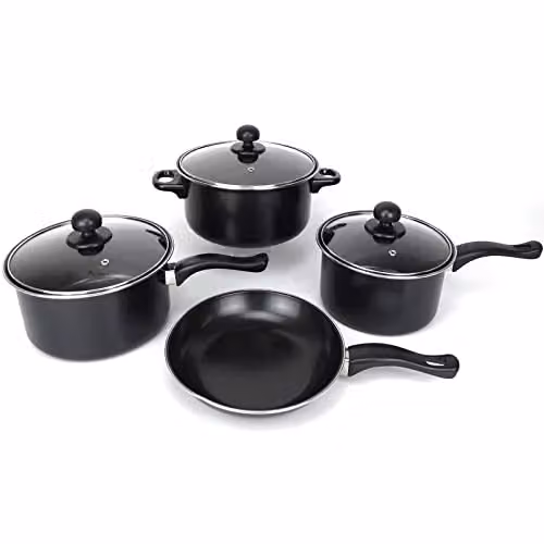 Gr8 Home 7 Piece Black Non Stick Carbon Steel Cookware Set with Glass Lids
