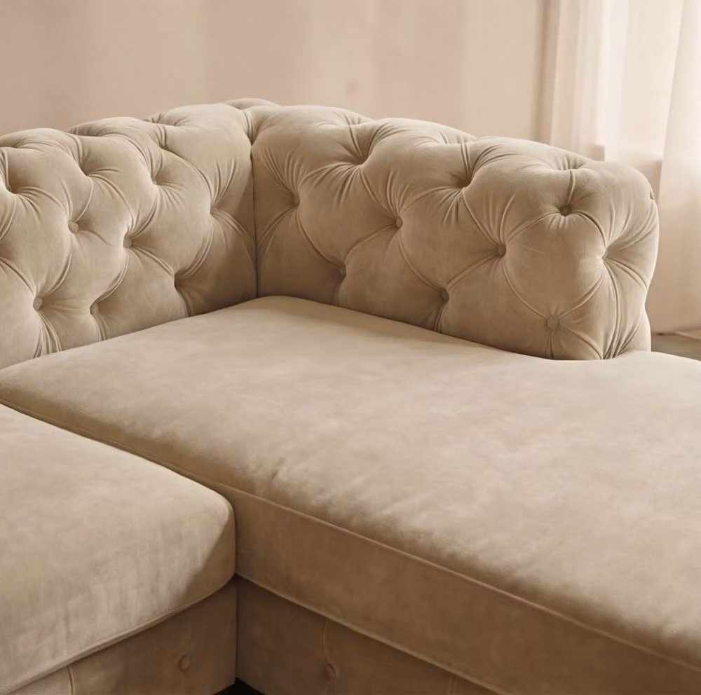 Sofaya Monaco Chesterfield 3 Seater L-Shaped Sofa with Right Hand Chaise in Beige Velvet – 3