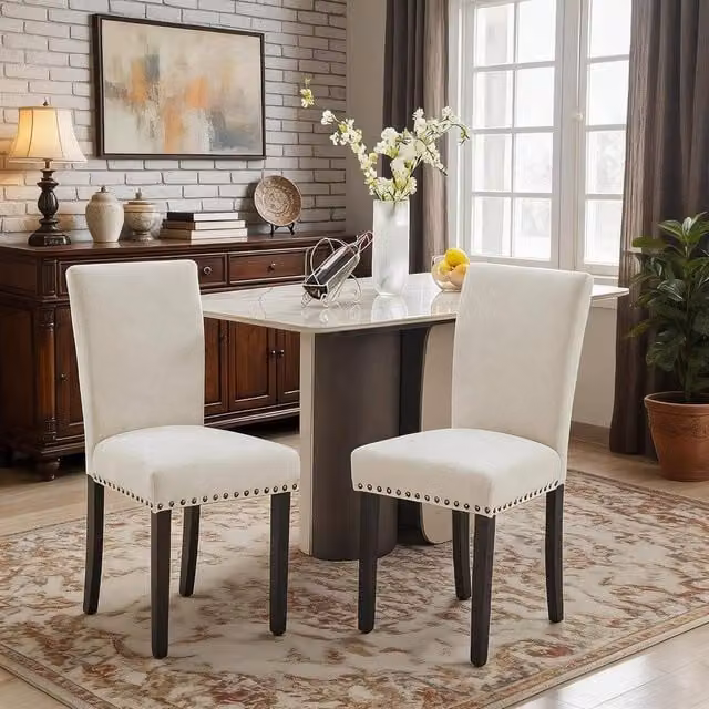 London Boutique Set of 2 Beige Upholstered Armless Dining Chairs with Rubberwood Legs