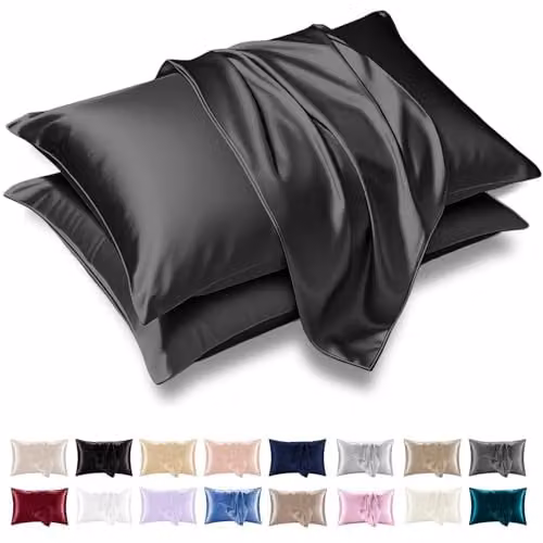 Grace Satin Silk Pillowcase 2 Pack in Black and Anthracite with Envelope Closure – 1