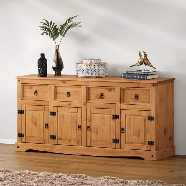 Mercers Furniture Corona 4 Door 4 Drawer Sideboard in Antique Wax Brown and Black Solid Pine Wood, W/D/H: 164 x 40 x 76 cm