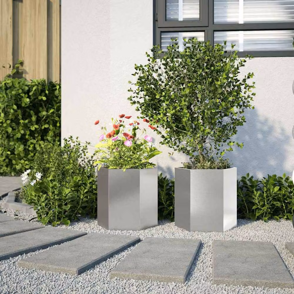 Berkfield Home Garden Hexagon Planter Set of 2, Silver Stainless Steel, W: 46 cm, D: 40 cm, H: 45 cm – 3