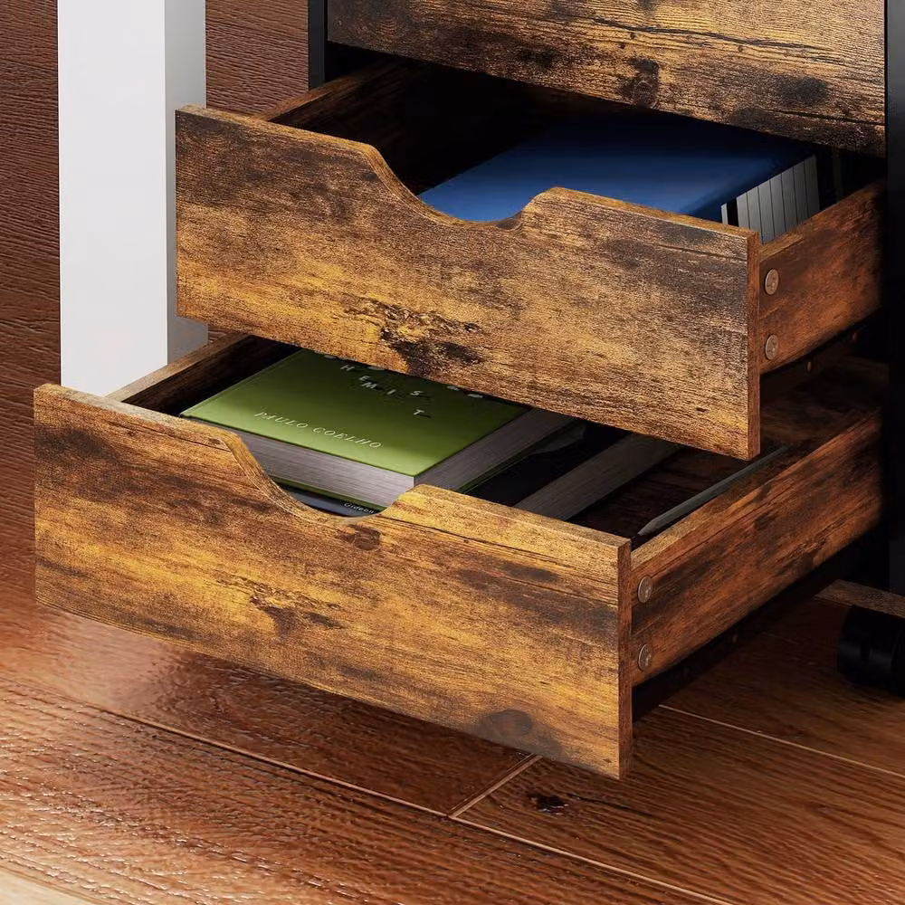 Rolipo 5-Drawer Rustic Brown MDF Office Filing Cabinet with Castors – 10