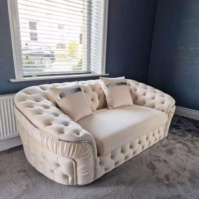 Stratus Interiors Ambassador Chesterfield 2 Seater Sofa in Cream Plush Velvet with Gold Trim
