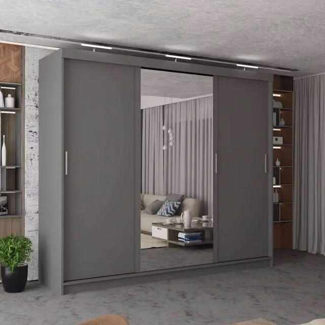 MN Furniture Modern 3 Door Sliding Wardrobe with LED Lighting, Mirror and Internal Drawers, Grey, Width: 250 cm