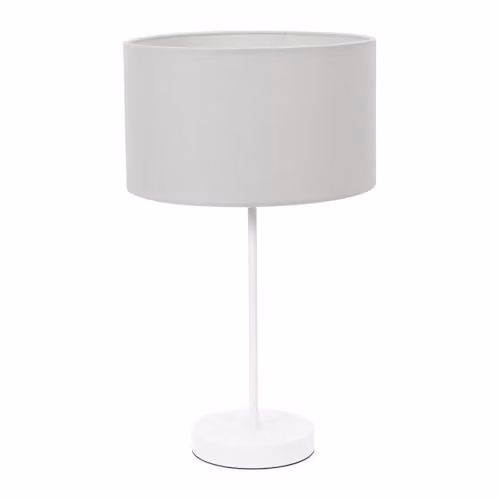 ValueLights White Metal Single Stem Table Lamp with Grey Fabric Drum Lampshade and Included LED Bulb – 1