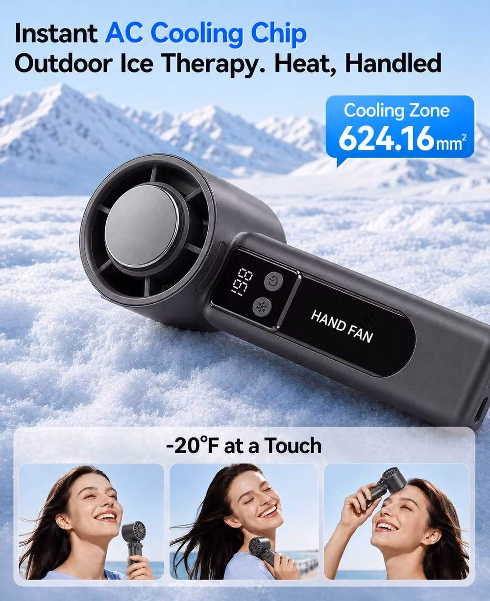Dyzi Handheld AC Ice Cooling Fan, USB-C Rechargeable, 199 Speed Settings, Grey – 3