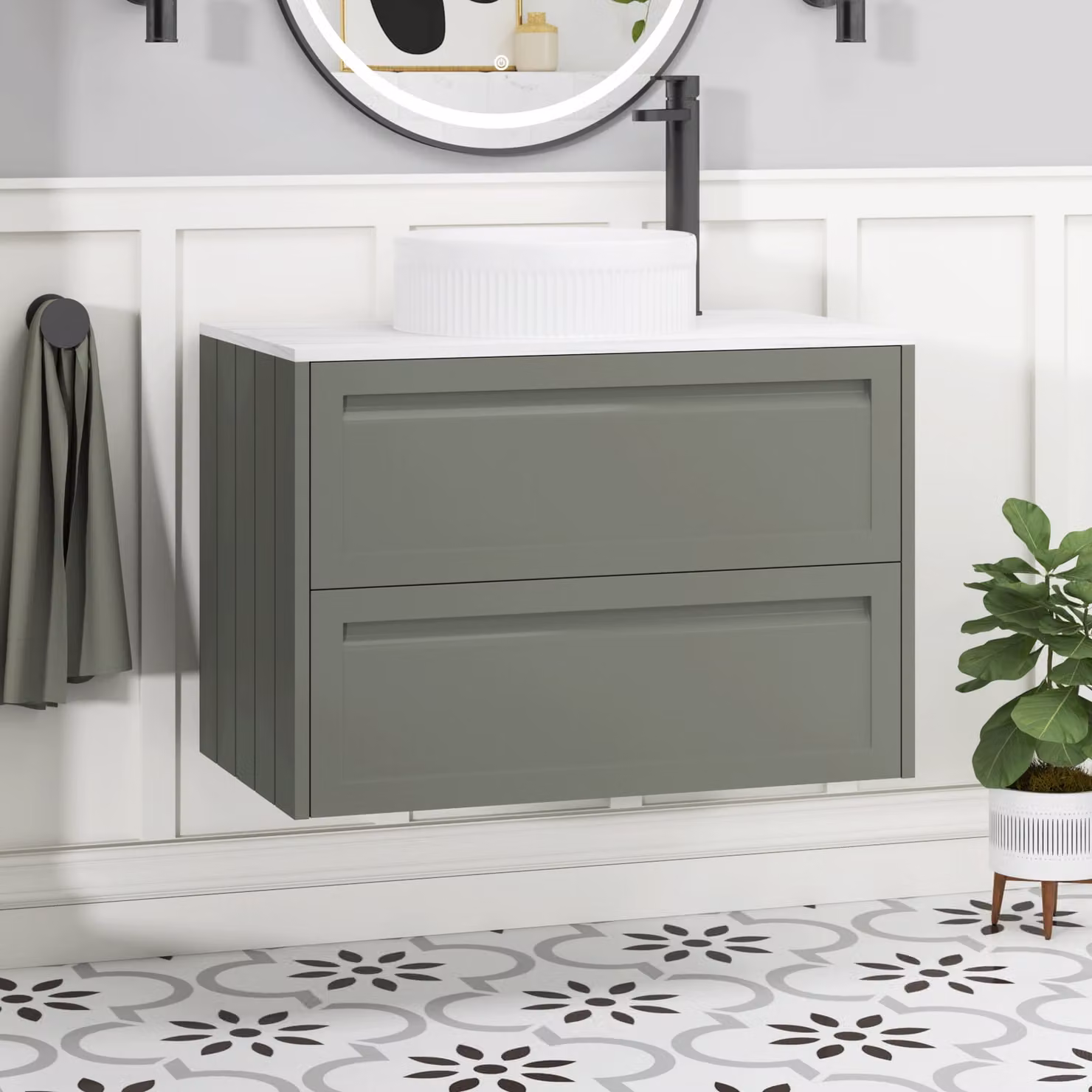 Royal Bathrooms Elmore Matt Green Wall Hung 2 Drawer Vanity Unit with White Round Basin, Width: 80 cm