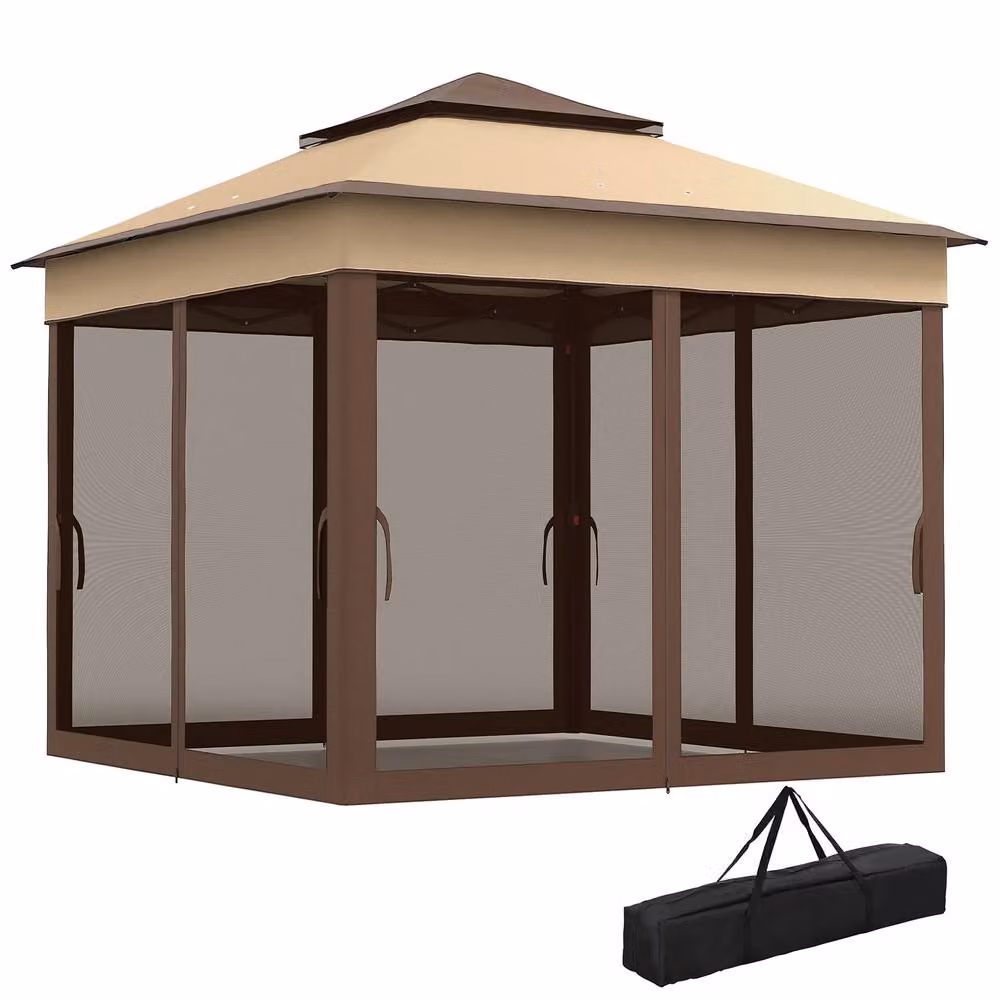 Outsunny Pop Up Gazebo with Netting and Carry Bag, Beige and Brown, W: 300 cm, D: 300 cm, H: 252 cm – 2