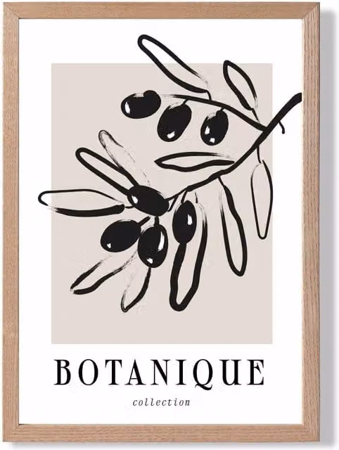 ARTZE Beige and Black Olive Boho Sketch Floral Framed Print with Oak Frame, A4