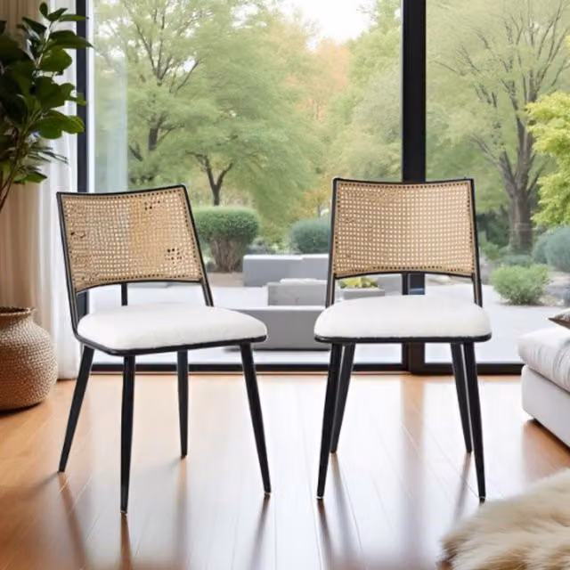 Furniture One Set of 2 Mid-Century Dining Chairs with Rattan Backrest and White Fabric Upholstery