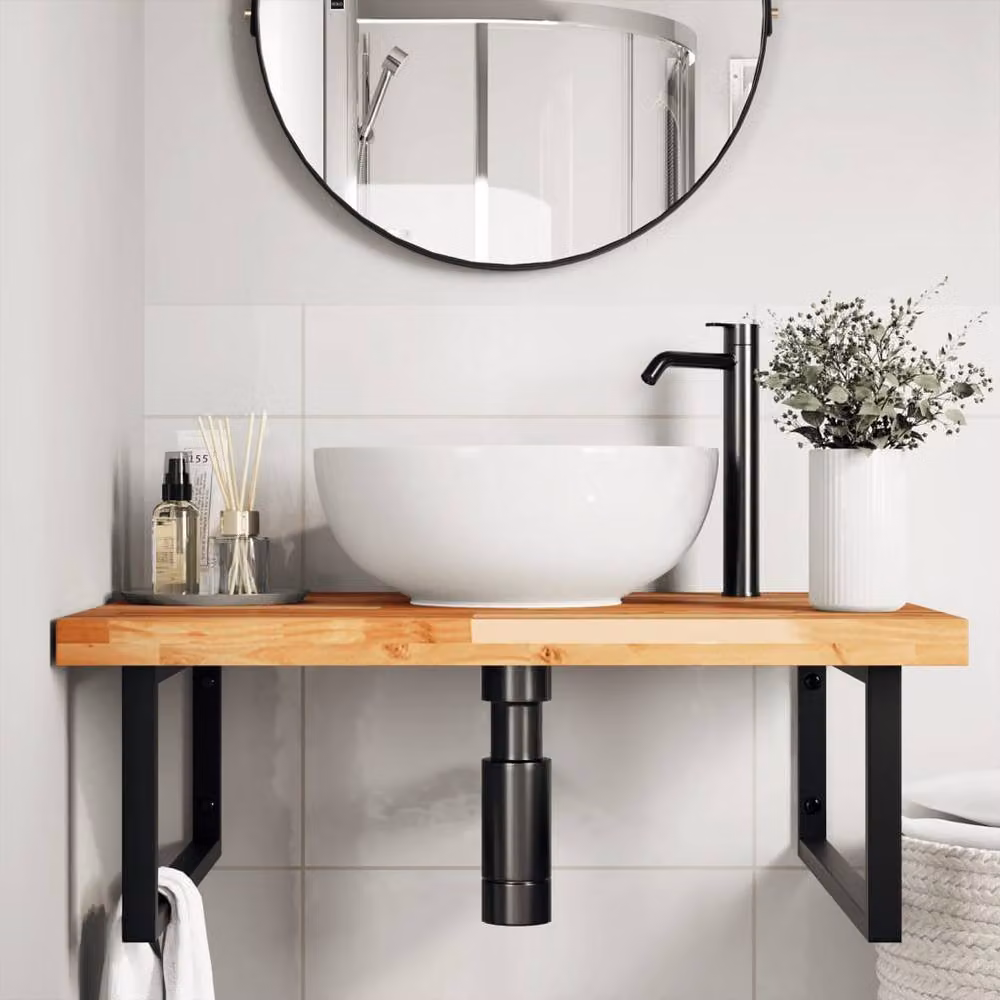Berkfield Home Wall Mounted Basin Shelf in Brown Acacia Wood and Steel – 2
