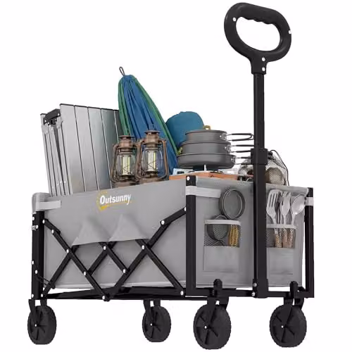 Outsunny 60L Foldable Festival Trolley with Wheels and Drop-Down Tailgate, Grey – 1