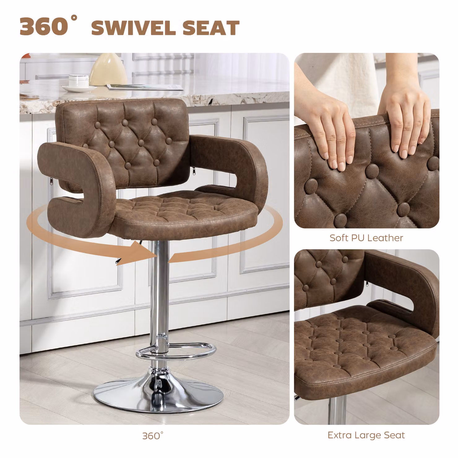 HOMCOM Brown PU Leather Upholstered Swivel Bar Stool with Armrests and Footrest – 4
