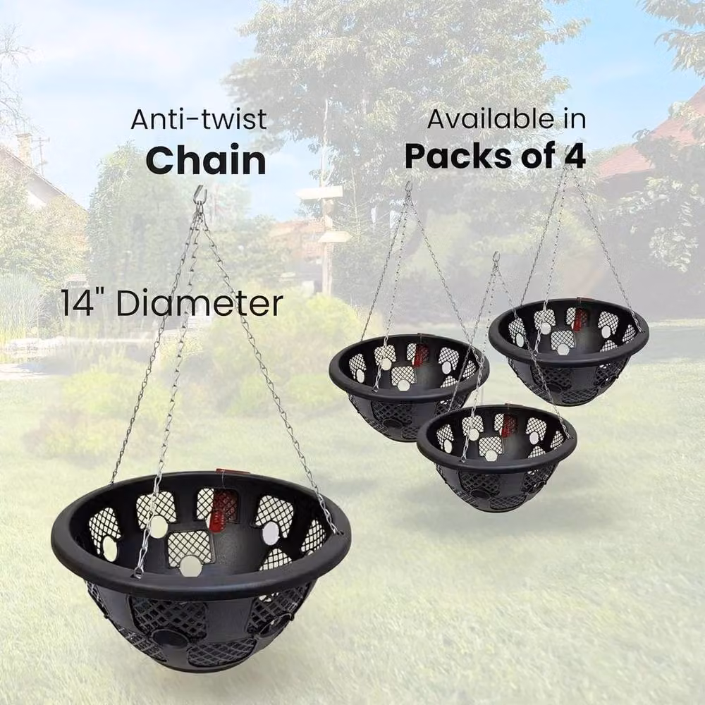FLAVORA Pack of 4 Black Plastic Hanging Baskets with Chains, Diameter: 35.56 cm – 3