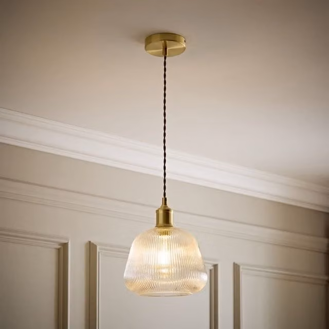 ValueLights Delora Ribbed Bell Glass Single Ceiling Pendant Light in Gold/Brass, Diameter: 11 cm